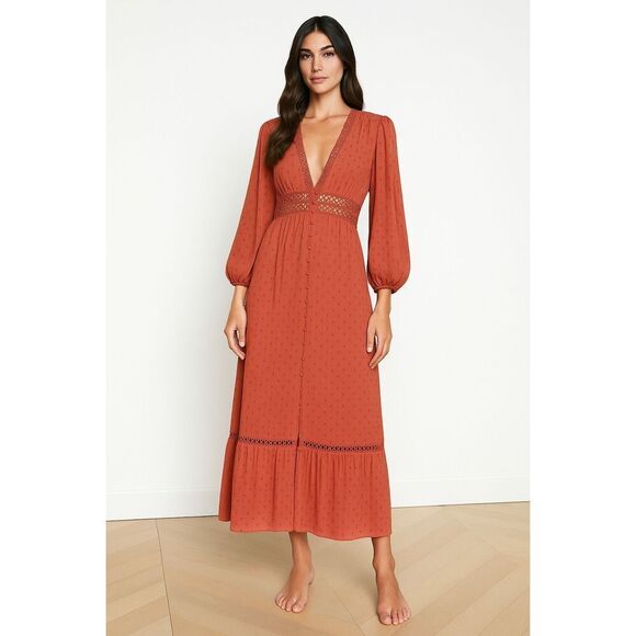 Farm Rio Rare Vintage Inspired Button Front Midi Dress Rust Size‎ XS - Picture 1 of 12